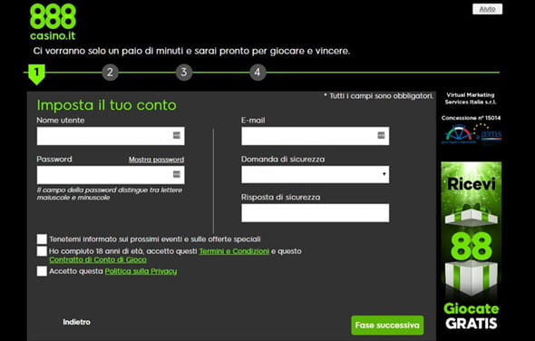Modulo di registrazione di 888casino. Una volta compilato sarete pronti ad iniziare a giocare!