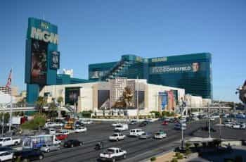 MGM casino with cars and yellow taxis.