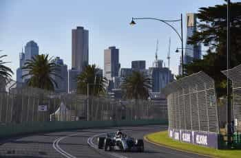 A lone Mercedes races around Albert Park.